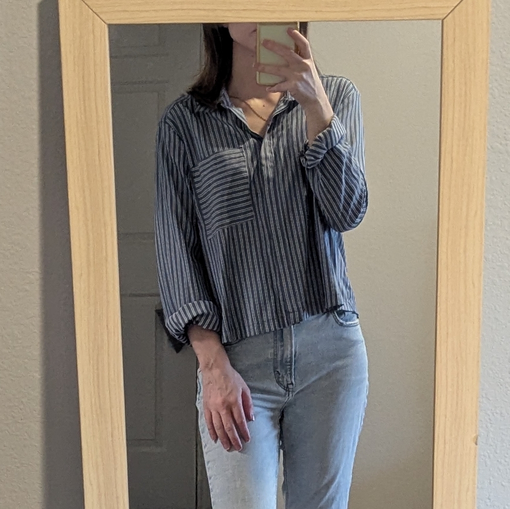 Striped Navy Women's Button Down Shirt